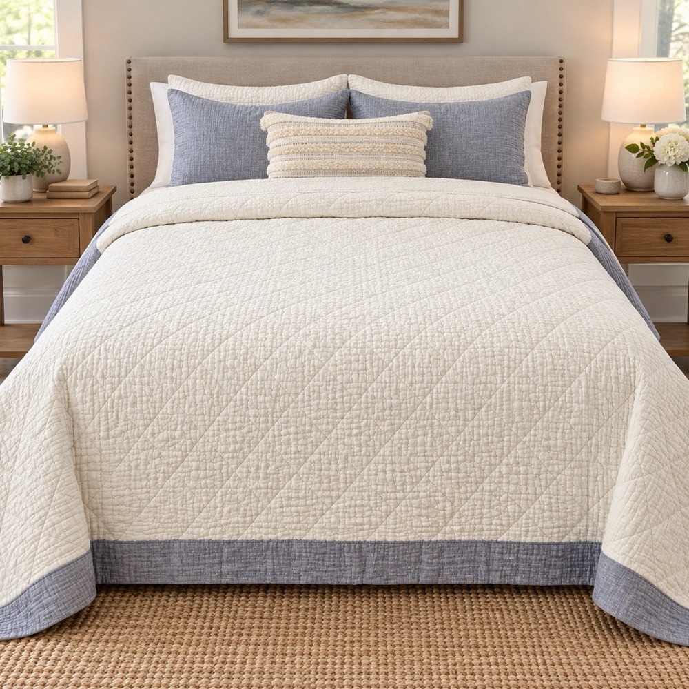 Tahari Home Queen Quilt 88x92 Ivory Gray Cotton Textured Modern Farmhouse - Picture 2 of 7